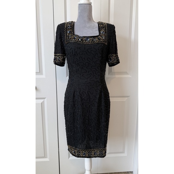 Vintage Stenay Black Gold Short-sleeve Sequin Beaded Sz 6 Cocktail‎ Silk Dress - Picture 1 of 13